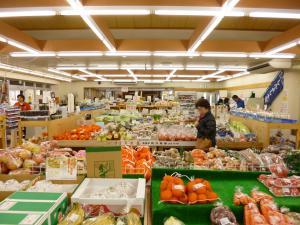 みかん、バナナ、人参、トマトなどの果物や野菜が陳列されている物産館店内をお客が見ている写真